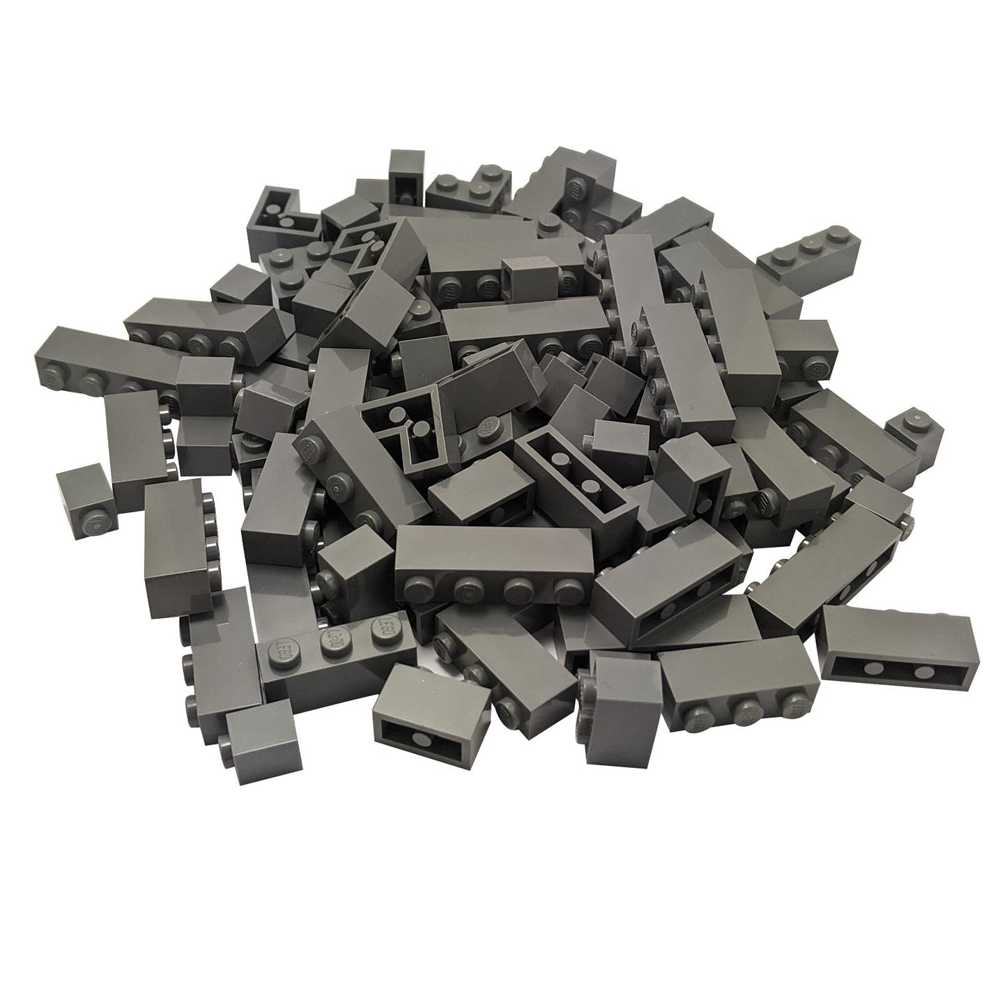 Una gran pila de 100 ladrillos nuevos y genuinos LEGO® en gris oscuro azulado, que incluye una mezcla de piezas 1x1, 1x2, 1x3, 1x4 y piezas de esquina.