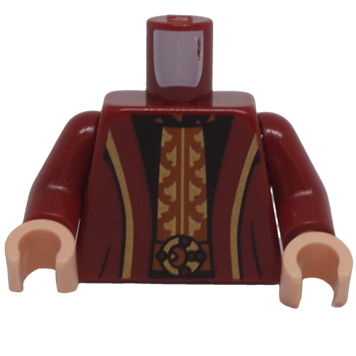 LEGO minifigure dark red robe torso with gold hems and decorative centre panel, front view