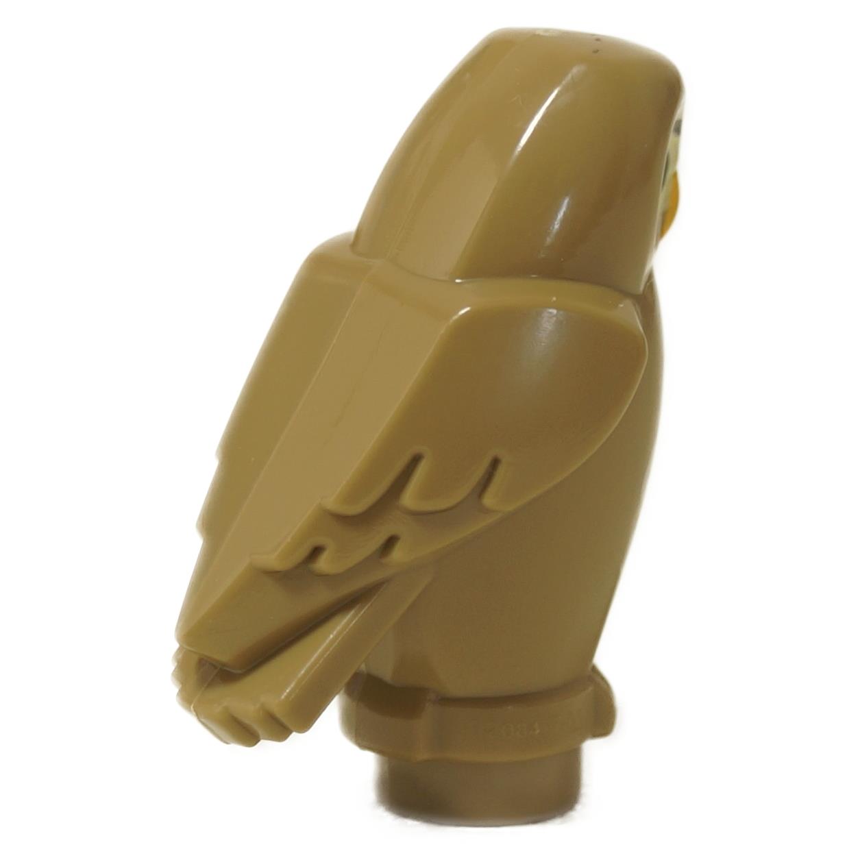 LEGO Sötét Homokszín Bagoly figura 92084pb07 szögletes vonásokkal, nyomtatott mell tollakkal és sárga szemekkel. Oldalsó nézet.