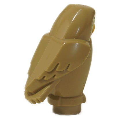 LEGO Sötét Homokszín Bagoly figura 92084pb07 szögletes vonásokkal, nyomtatott mell tollakkal és sárga szemekkel. Oldalsó nézet.