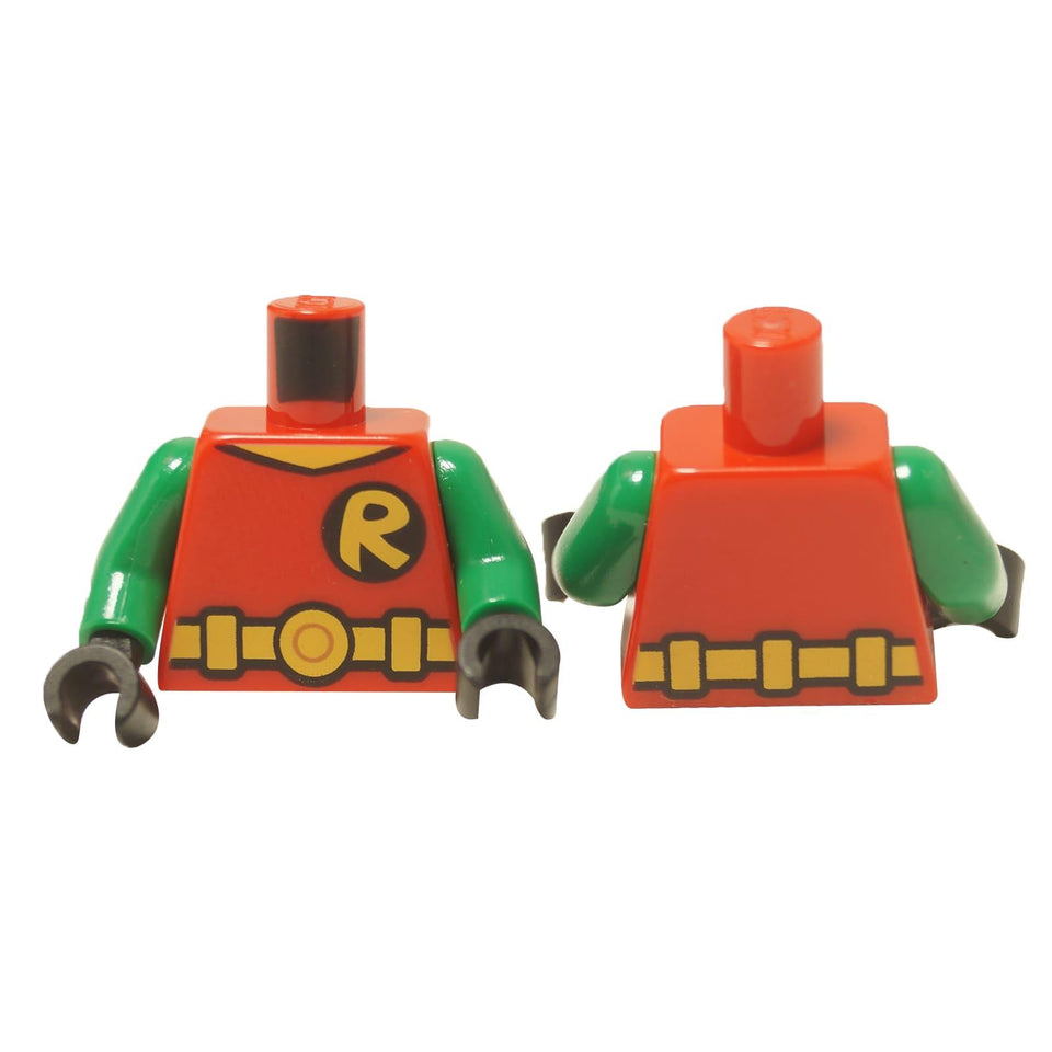  LEGO® DC Comics Robin torso (973pb2292c01), showing the front and back of his classic red and green suit with the 'R' logo and utility belt.