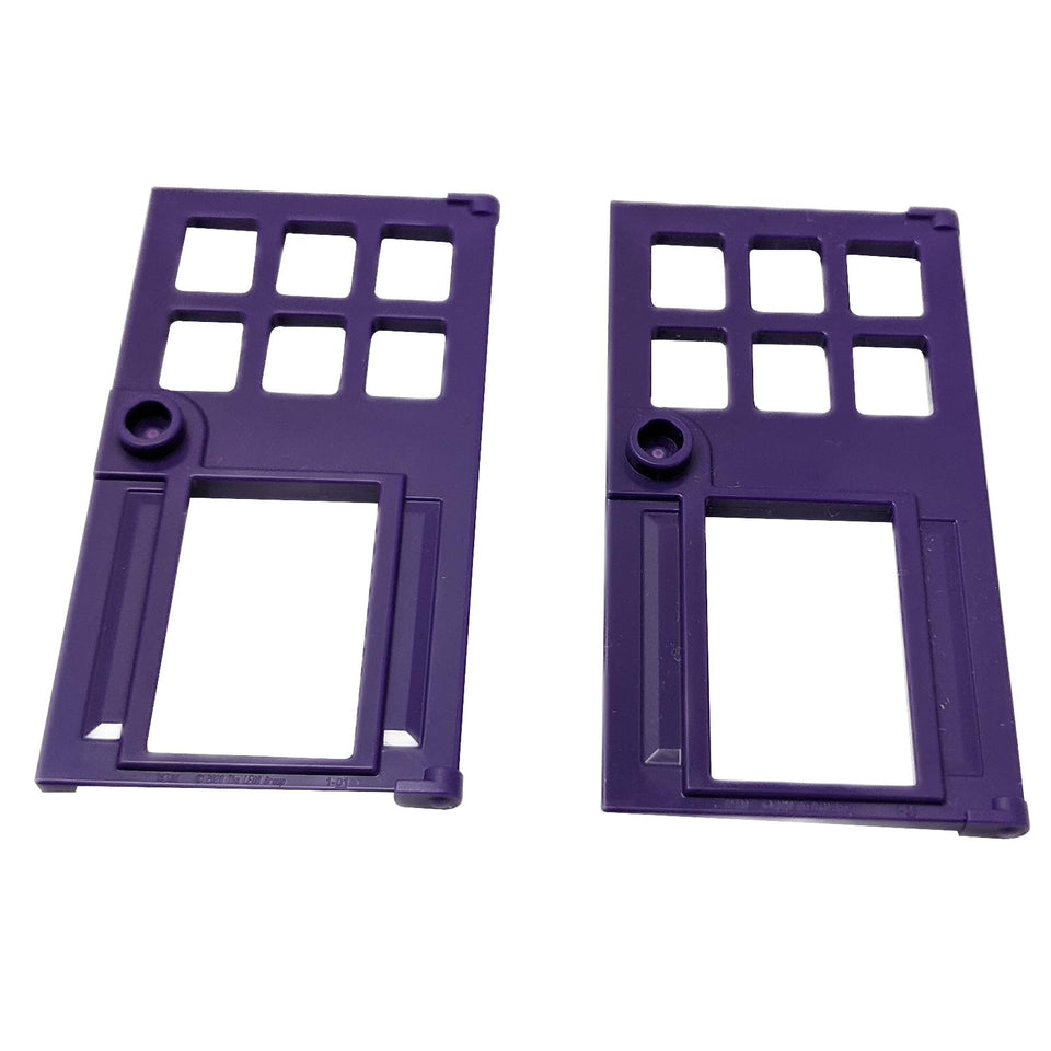 Two dark purple 1 x 4 x 6 LEGO doors 79730 with 6 panes and pet flap holes.