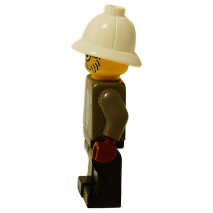 Side view of the LEGO® Dr. Kilroy minifigure (adv033) showing the tan pith helmet and dark gray suit detailing on the arm and torso.