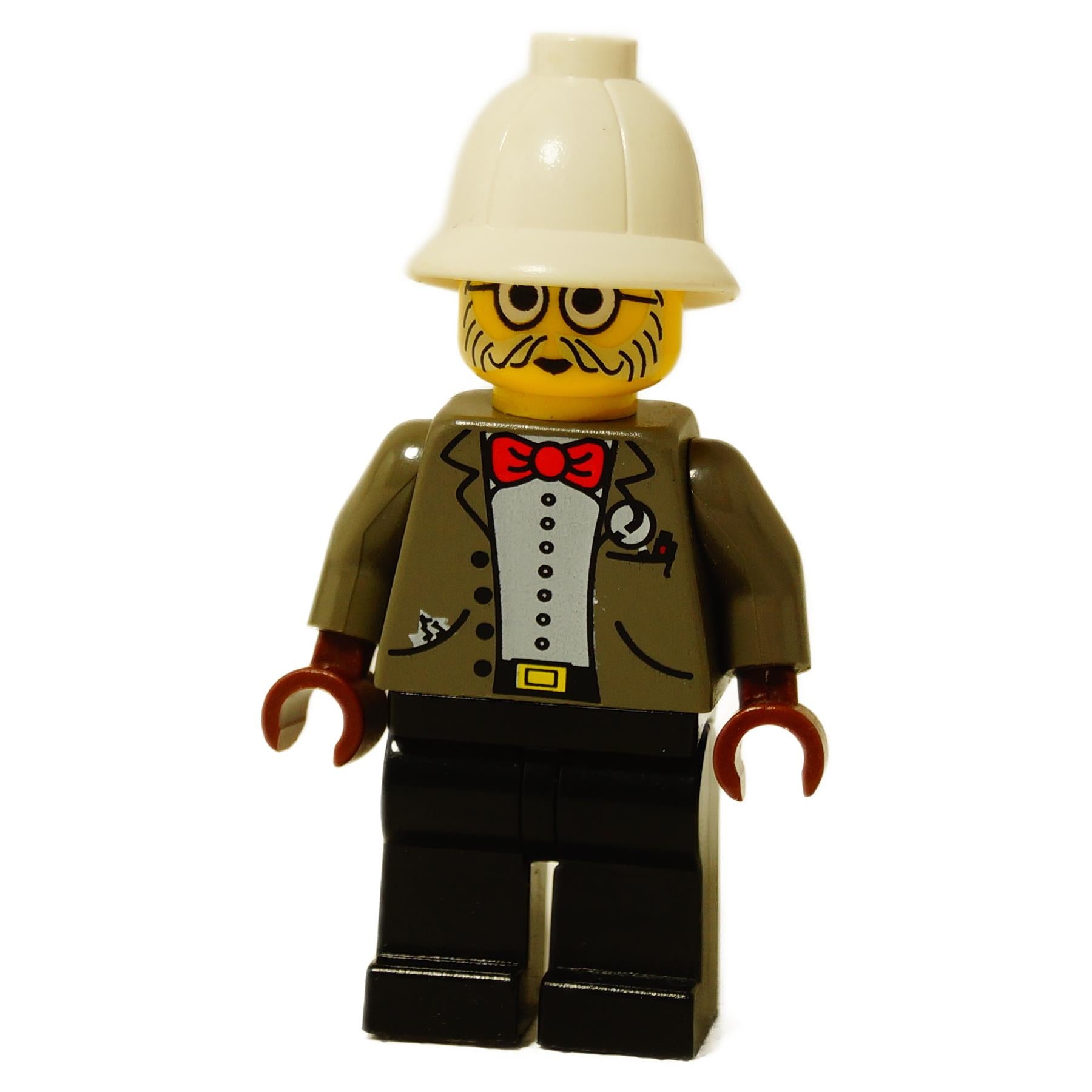 Front view of the LEGO® Dr. Kilroy minifigure (adv033) wearing a gray suit with red bow tie, monocle print, and a white pith helmet.