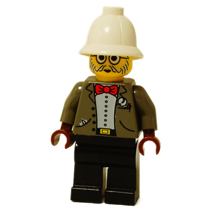 Front view of the LEGO® Dr. Kilroy minifigure (adv033) wearing a gray suit with red bow tie, monocle print, and a white pith helmet.