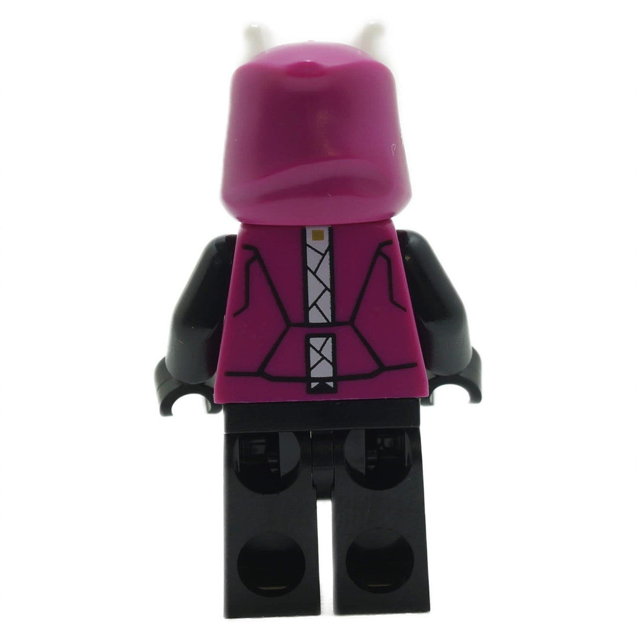 LEGO Drift minifigure frtn005 with mask and accessory Fortnite, back view.
