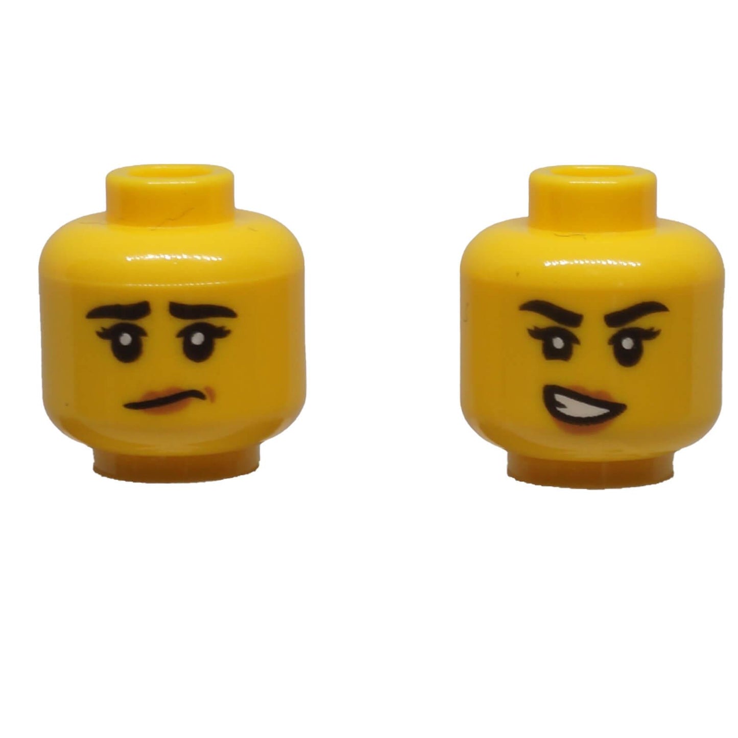 LEGO® dual-sided female minifigure head 3626pb3216 with lopsided smile and worried expression