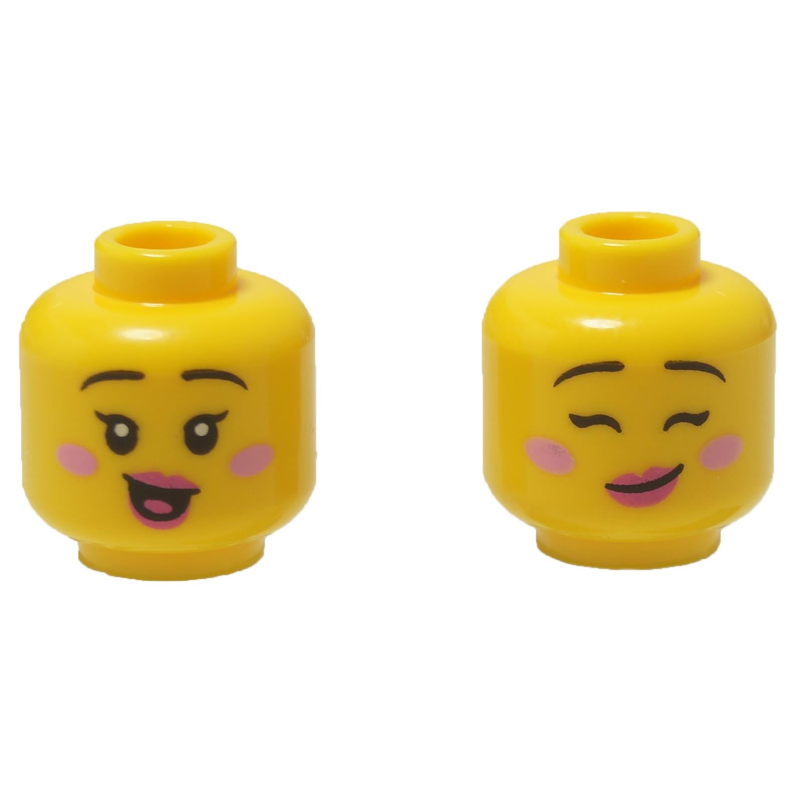 LEGO® oboustranná ženská hlava (3626pb3768), zobrazující jak šťastný, otevřený úsměv, tak mrkající polibkový výraz.