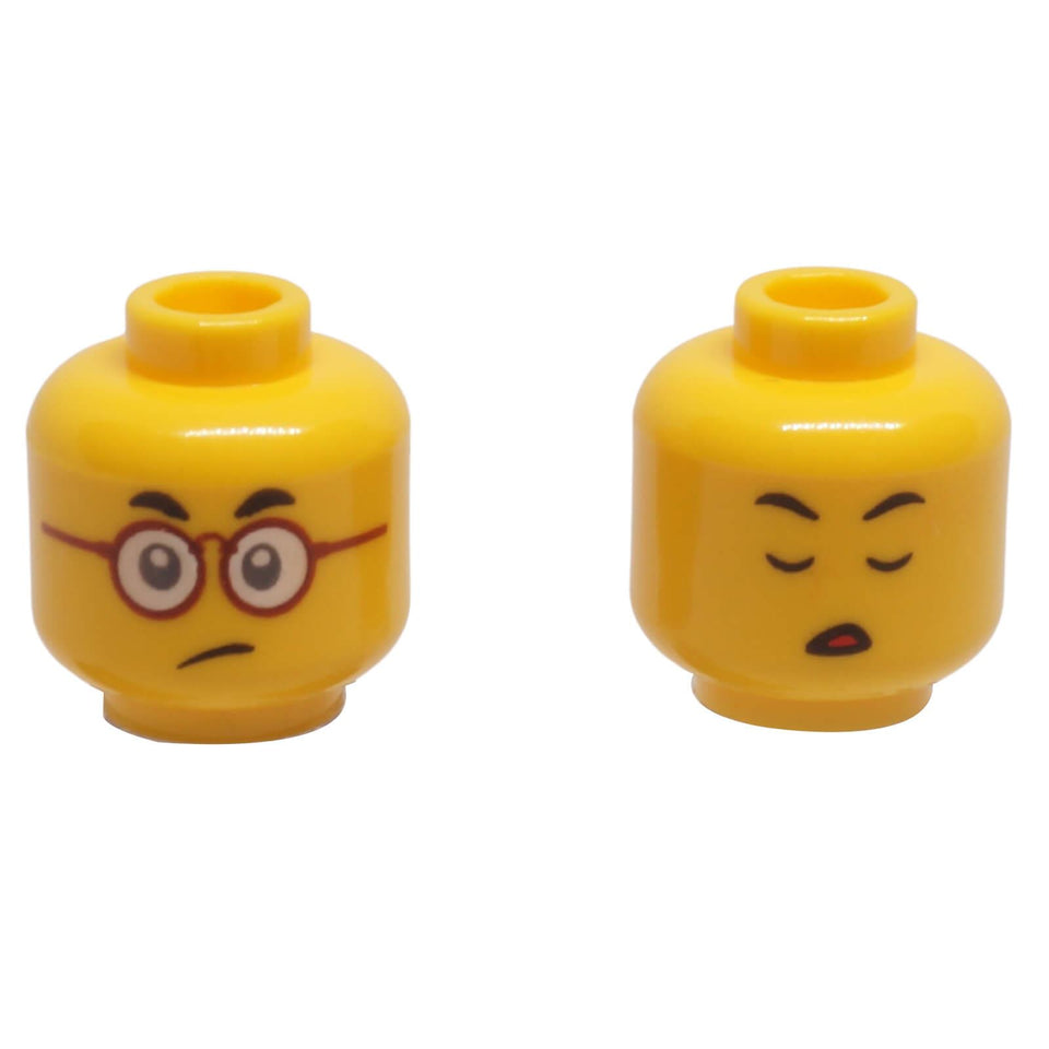 LEGO dual-sided minifigure head with dark red glasses and facial expressions 3626pb3211