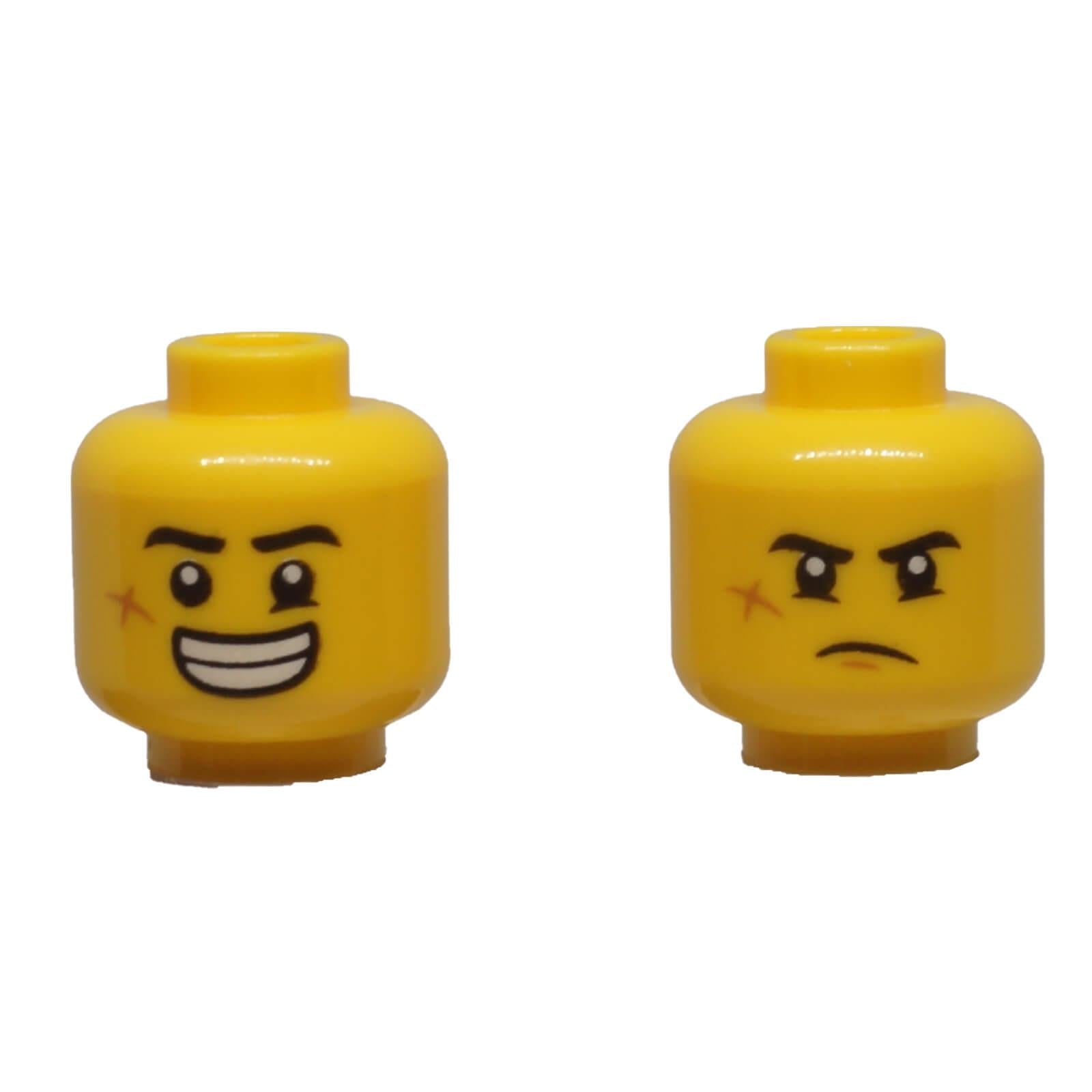 LEGO® dual-sided minifigure head 3626pb2441 with smile, grumpy expression and cheek scar