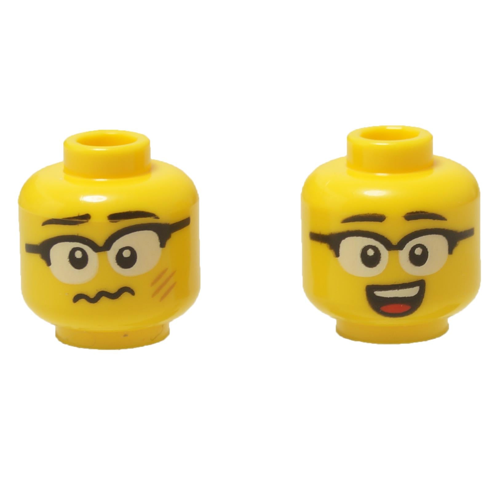 LEGO® dual-sided head (3626pb3773) with glasses, showing both the happy and the worried/dizzy expressions.