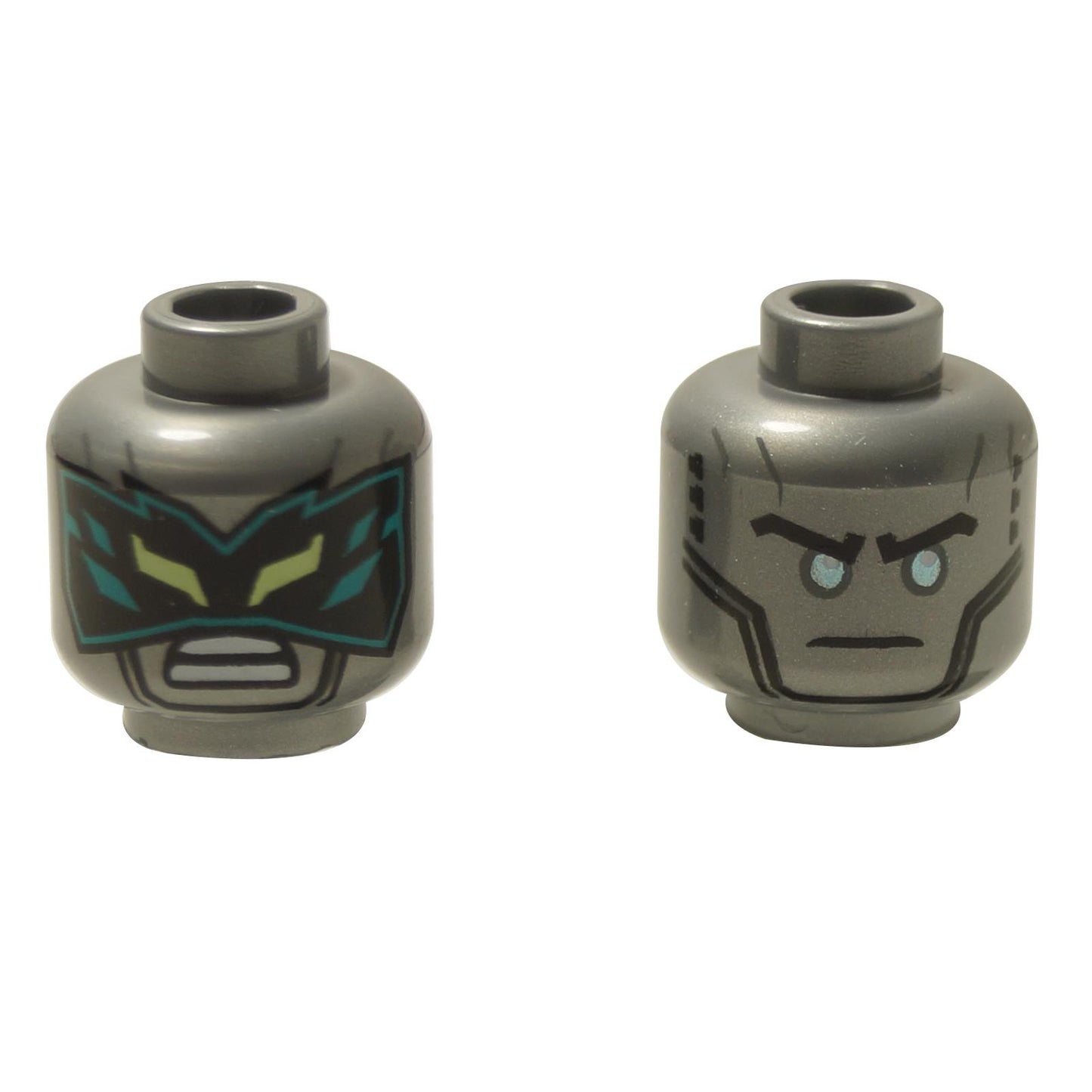 Vistas frontal y lateral alterna de la cabeza de minifigura de doble cara LEGO® (3626pb3312) en plata mate, que presenta cejas negras con ojos metálicos azul claro de un lado y una máscara negra con detalles en azul verdoso y amarillo del otro.