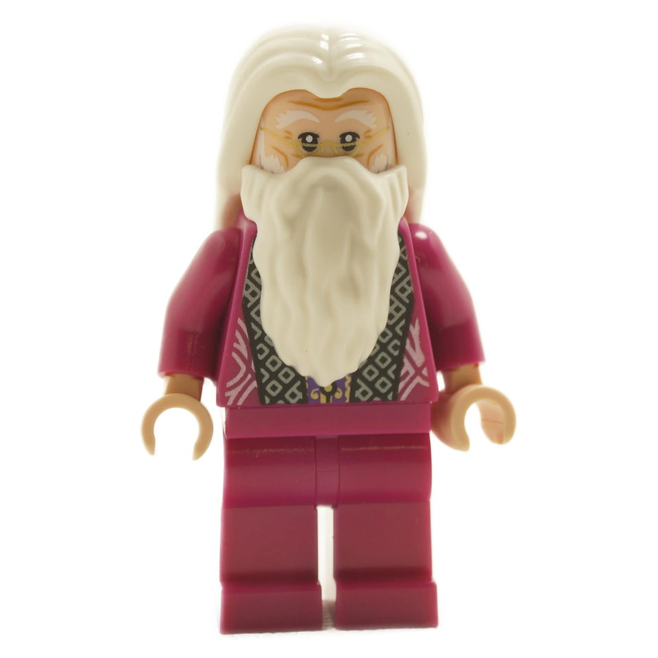 Albus Dumbledore minifigure, magenta robe, white beard, front view