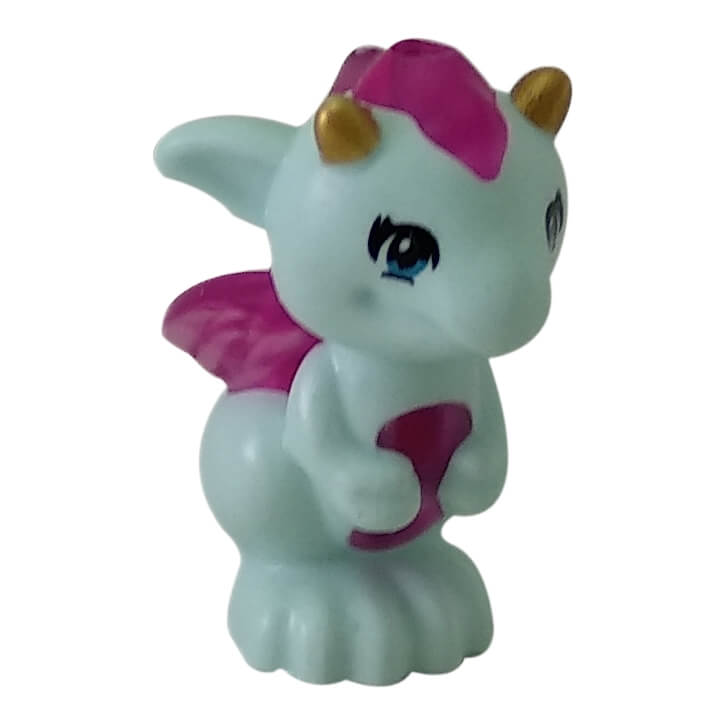 LEGO® baby dragon Lula from the Elves series, featuring light aqua body, trans-dark pink wings and stomach, printed gold horns, and expressive blue eyes.