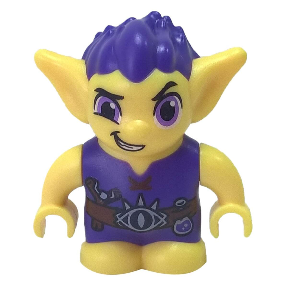 LEGO® Rimlin goblin minifigure from the Elves series, with yellow skin, purple spiked hair, and a detailed belt and potion print on a purple tunic.
