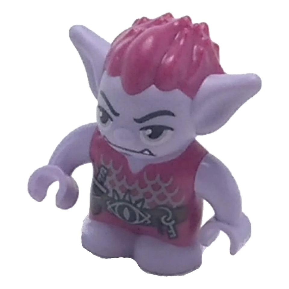 LEGO® Smilin goblin minifigure from the Elves series, featuring lavender skin, red spiky hair, and a red tunic with scale and belt printing.