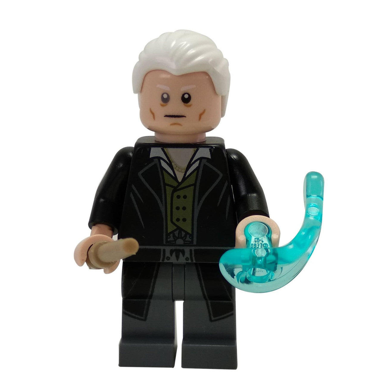 LEGO Gellert Grindelwald hp168 minifigure with wand and blue magic effect.