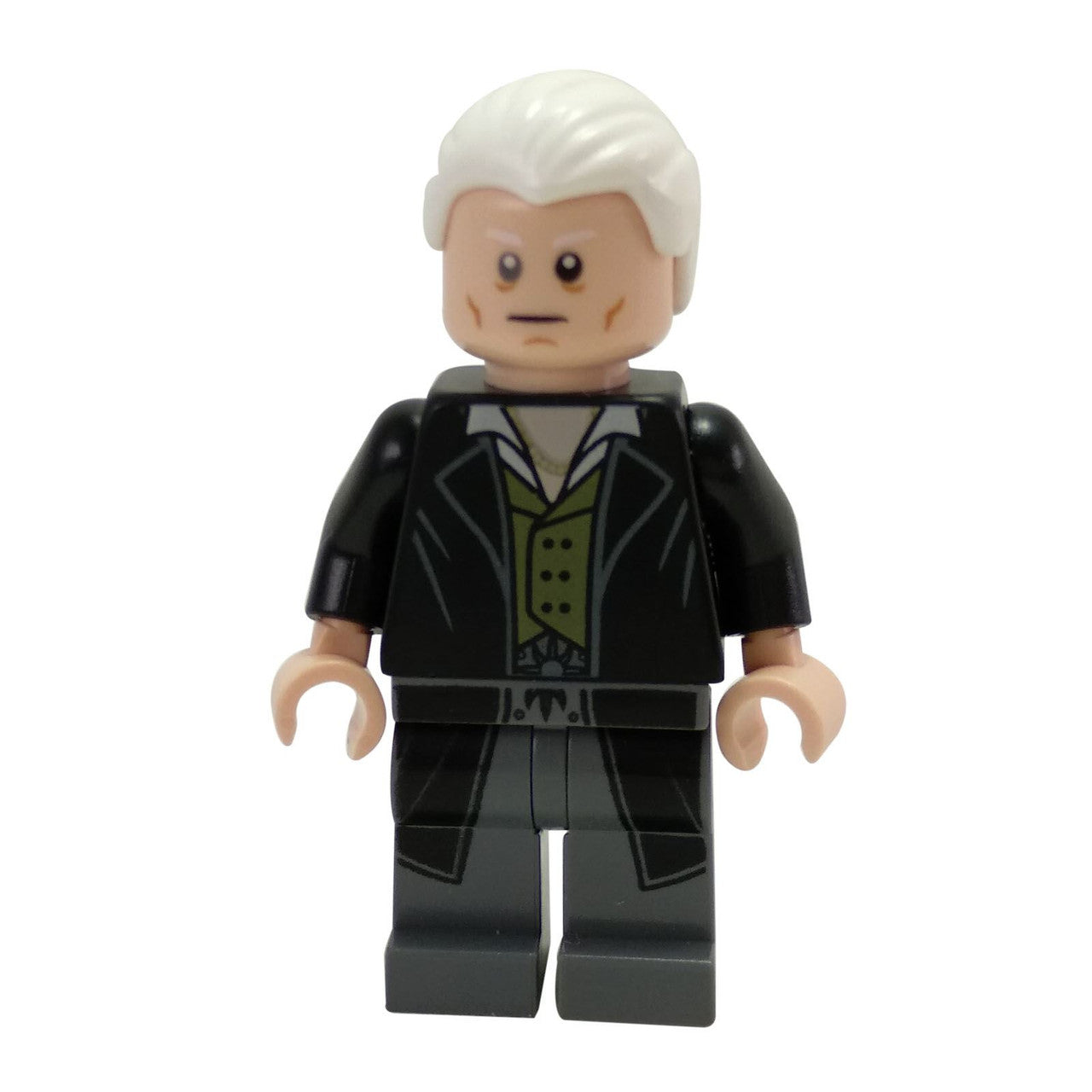 LEGO Gellert Grindelwald minifigure hp168 with white hair and black coat.