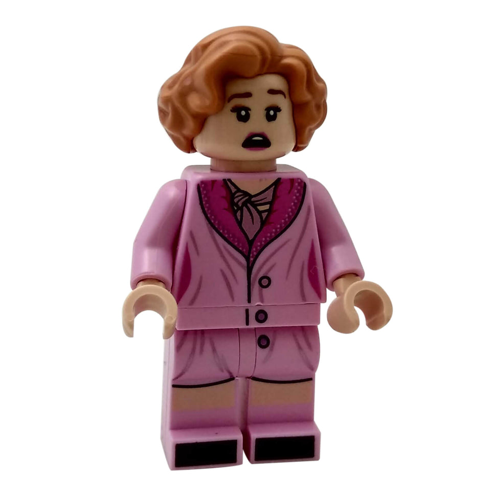 LEGO® Fantastic Beasts Queenie Goldstein hp164 minifigure with short wavy Nougat hair, Bright Pink outfit and printed Mauve scarf