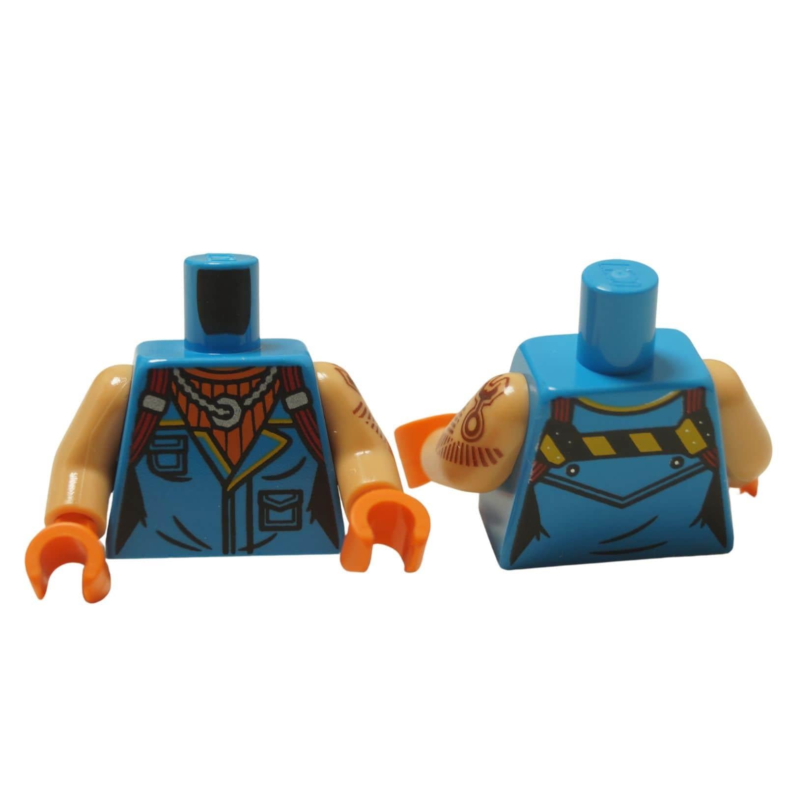 LEGO® Female Biker Torso (973pb6172c01) with a blue vest, orange shirt, silver chain, and printed arm tattoos.
