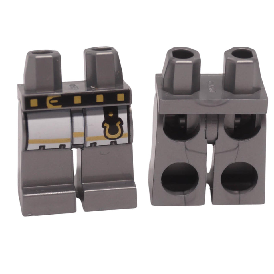 LEGO® flat silver minifigure hips and legs with white surcoat ends, gold trim, black belt with buckle and horseshoe pattern part 970c00pb1797