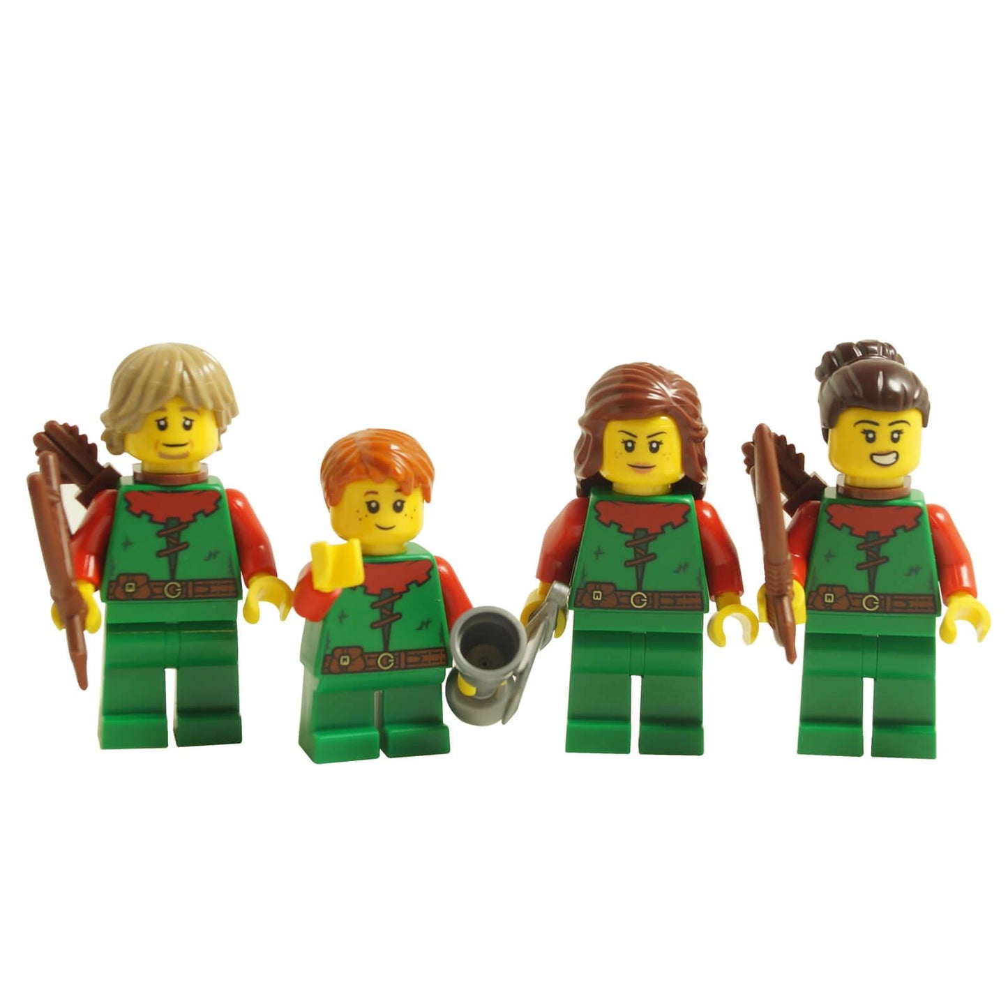Four LEGO® Castle Forest People minifigures in green tabard prints with brown quivers, grey accessories and varied hair pieces