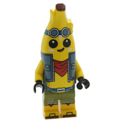 Die legendäre LEGO Fortnite Abenteuer Peely Minifigur (fort002) mit seiner Entdeckerbrille, taktischer Weste und entschlossenem Gesichtsausdruck.