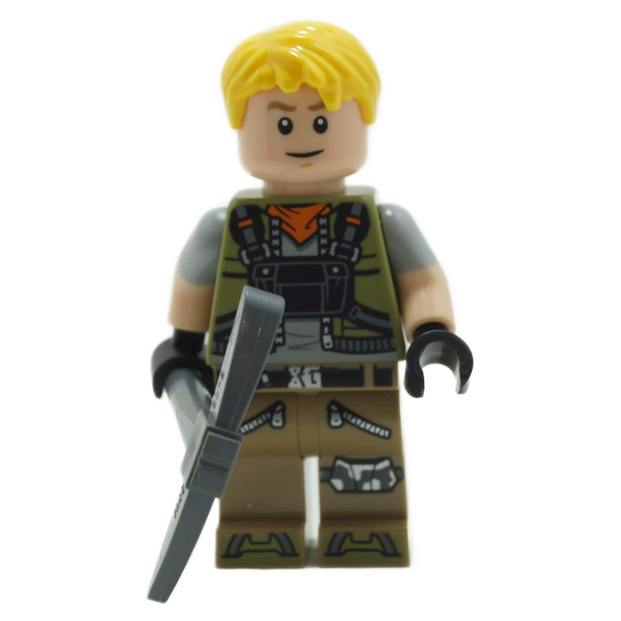 The LEGO Fortnite Battalion Brawler minifigure (fort001) in his tactical vest and masked face, holding his pickaxe.