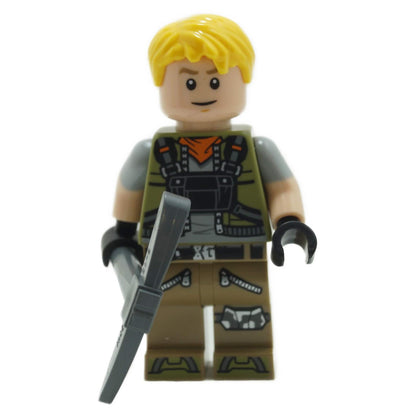 The LEGO Fortnite Battalion Brawler minifigure (fort001) in his tactical vest and masked face, holding his pickaxe.