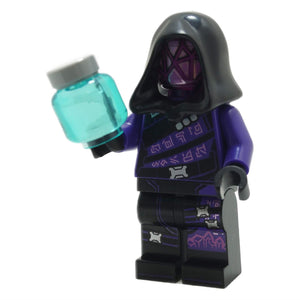 The LEGO Fortnite Cube Assassin minifigure (fort006) in her purple shard armor, holding an iconic Slurp Juice accessory.