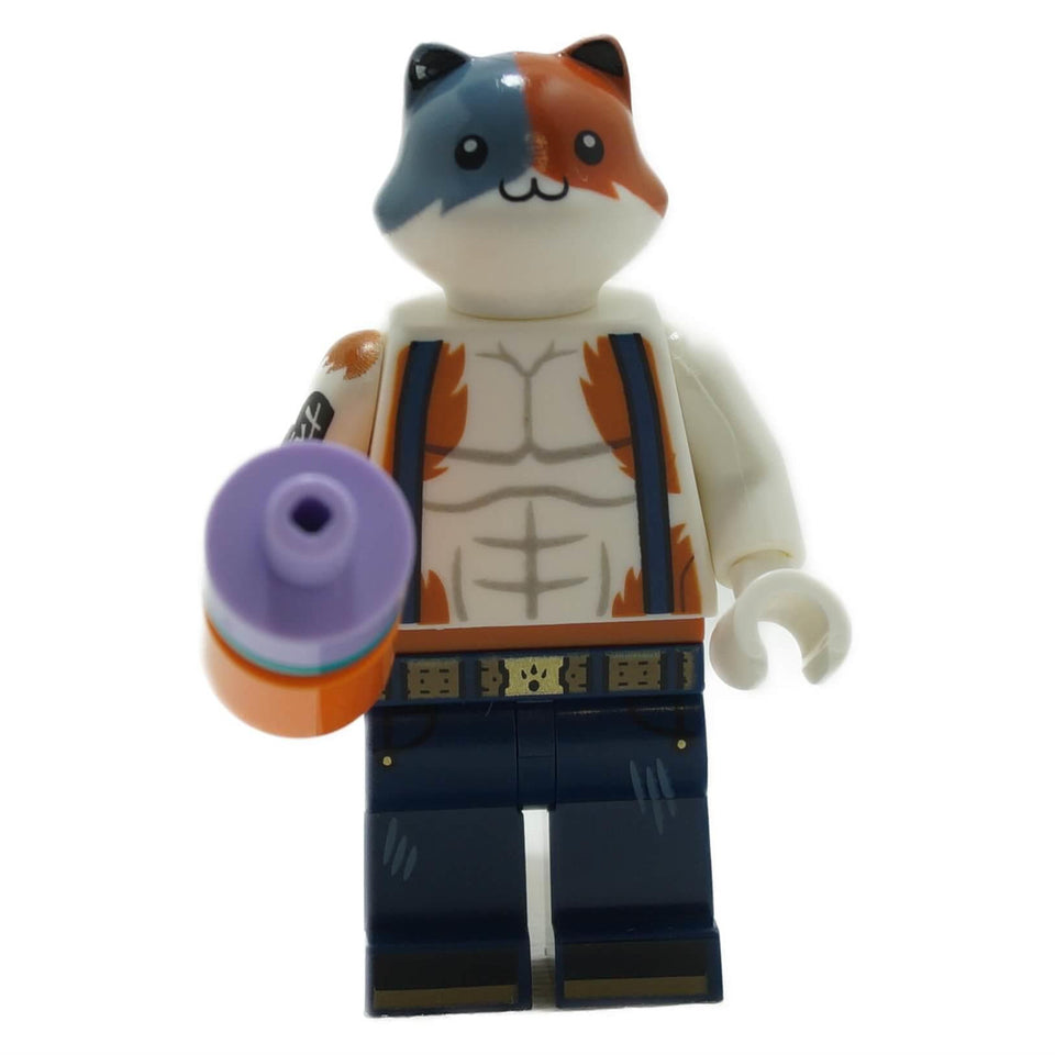 The LEGO Fortnite Meowscles minifigure (fort008), the swole calico cat, flexing his muscles and holding a Slap Juice accessory.