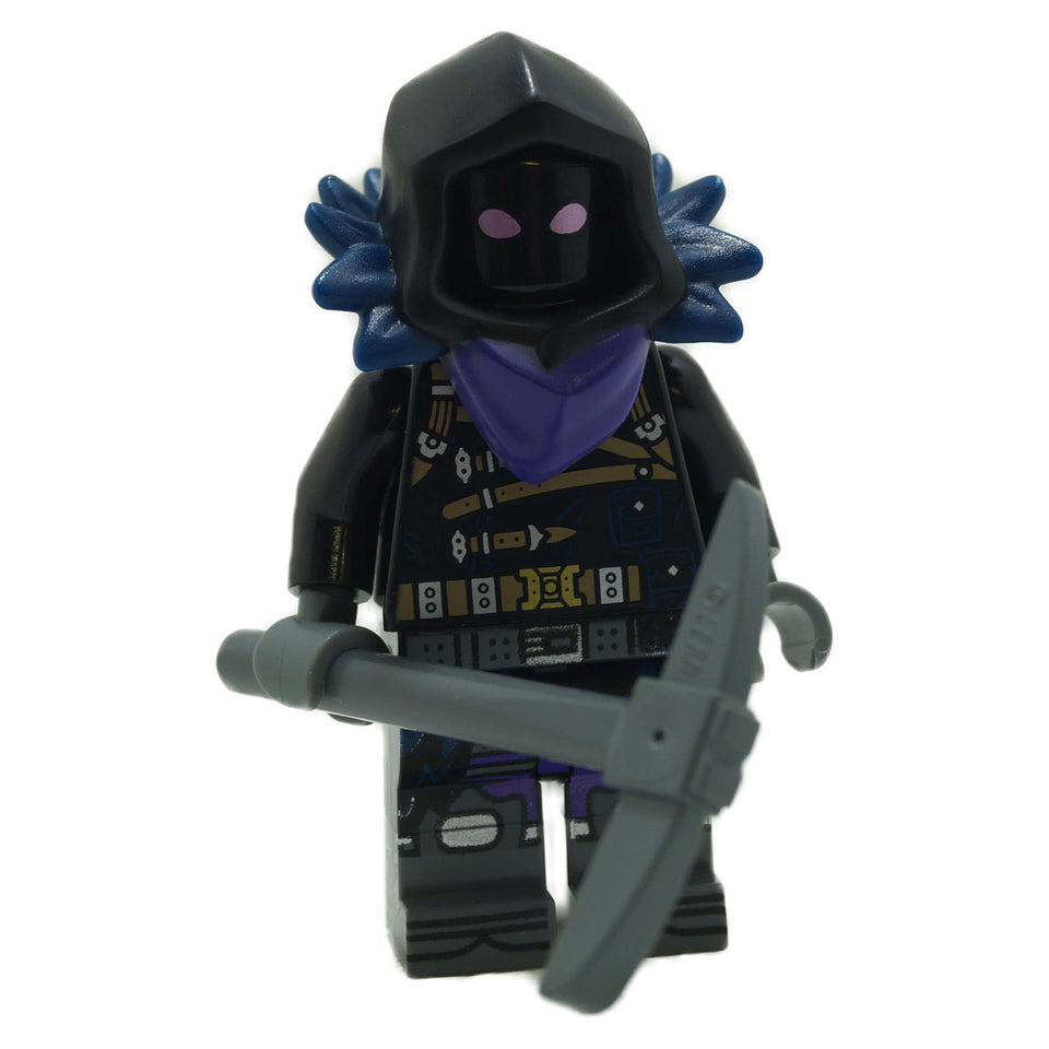 The LEGO Fortnite Raven minifigure (fort009) with his signature dark hood, glowing purple eyes, and holding a pickaxe.
