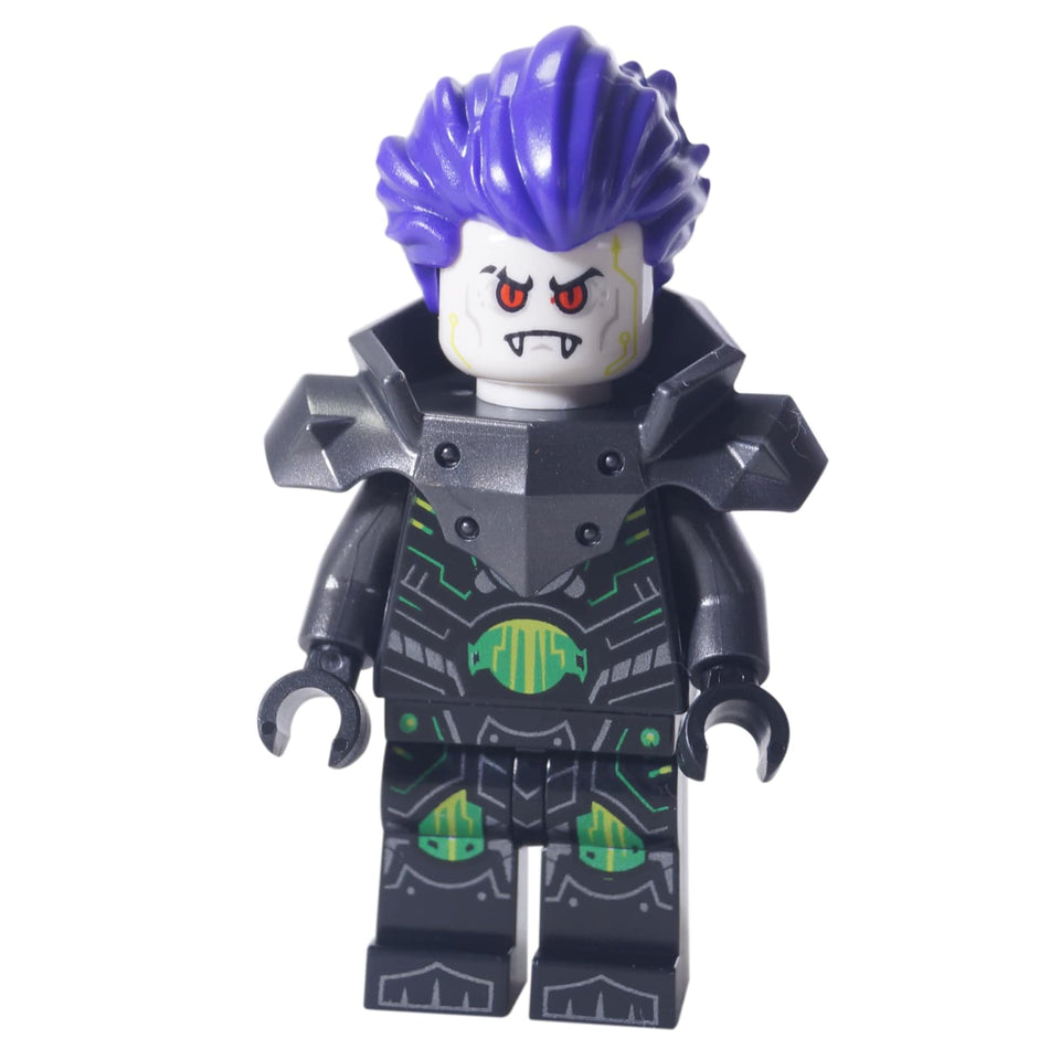 Minifigure LEGO Nexo Knights Fred nex145 dengan rambut ungu dan armor teknologi gelap.
