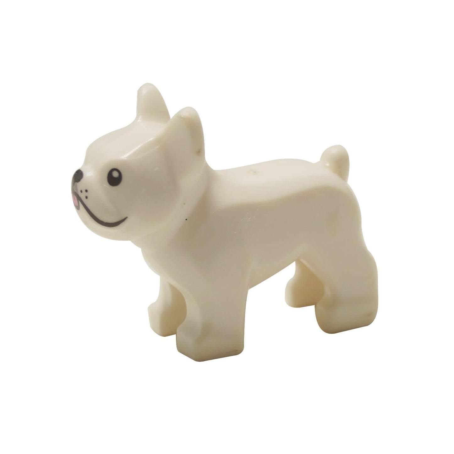 LEGO® French Bulldog dog figure (29602pb02) in white, with a printed face including a gray eye patch and a pink tongue. Side profile view.
