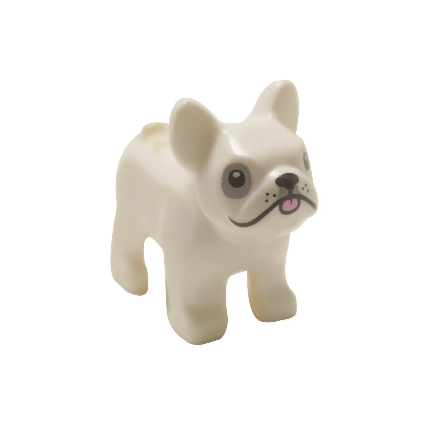 LEGO® French Bulldog dog figure (29602pb02) in white, with a printed face including a gray eye patch and a pink tongue.
