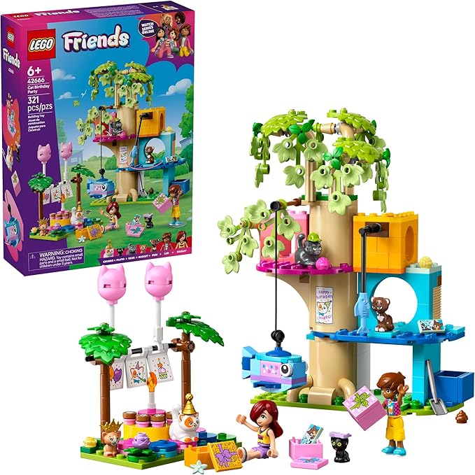 LEGO Friends Cat Birthday Party Tree House 42666 set with Leo Paisley and cat figures