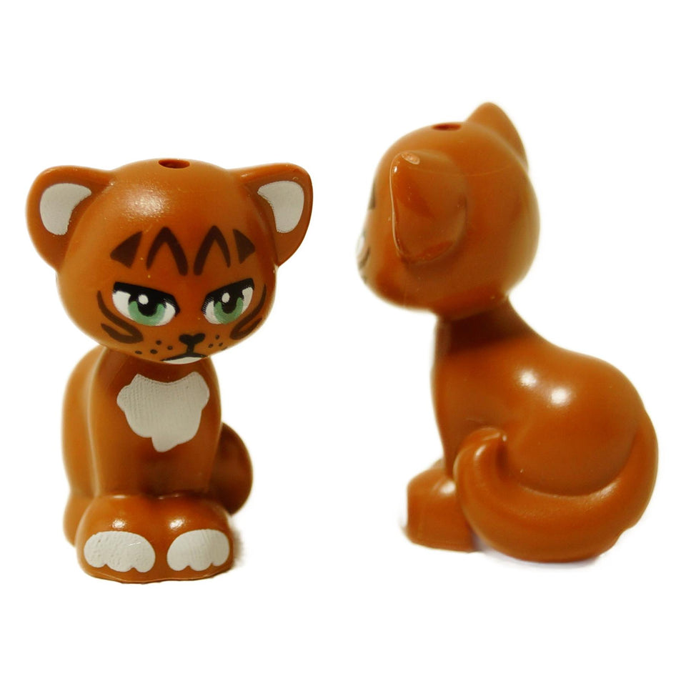 LEGO® Friends cat Peri figure with white paws, small molded brown cat accessory with printed face
