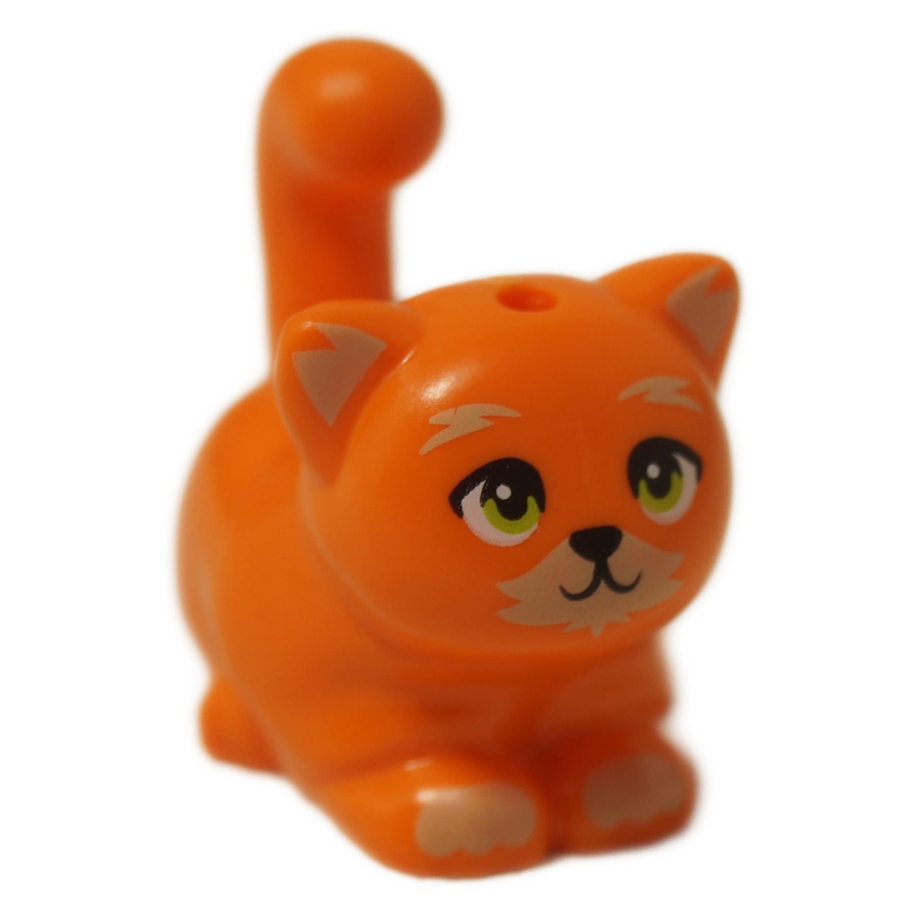 LEGO® Friends orange cat figure, Poundcake (2652pb05), in a sitting pose with large lime green eyes and tan markings.