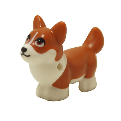 La figura de perro Corgi de LEGO Friends "Waffles" (109845pb02) en naranja rojizo y blanco con grandes ojos impresos y una expresión feliz.
