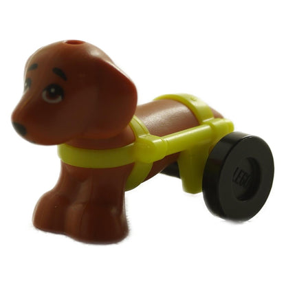 A LEGO® Dachshund dog with a neon yellow wheelchair and black wheels, featuring expressive eyes and a brown color.