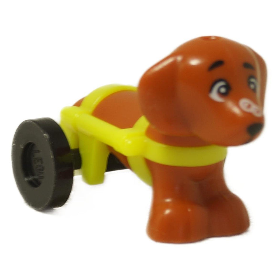 LEGO® Friends dachshund dog Pickle in medium dark flesh color with yellow wheelchair harness and black wheels