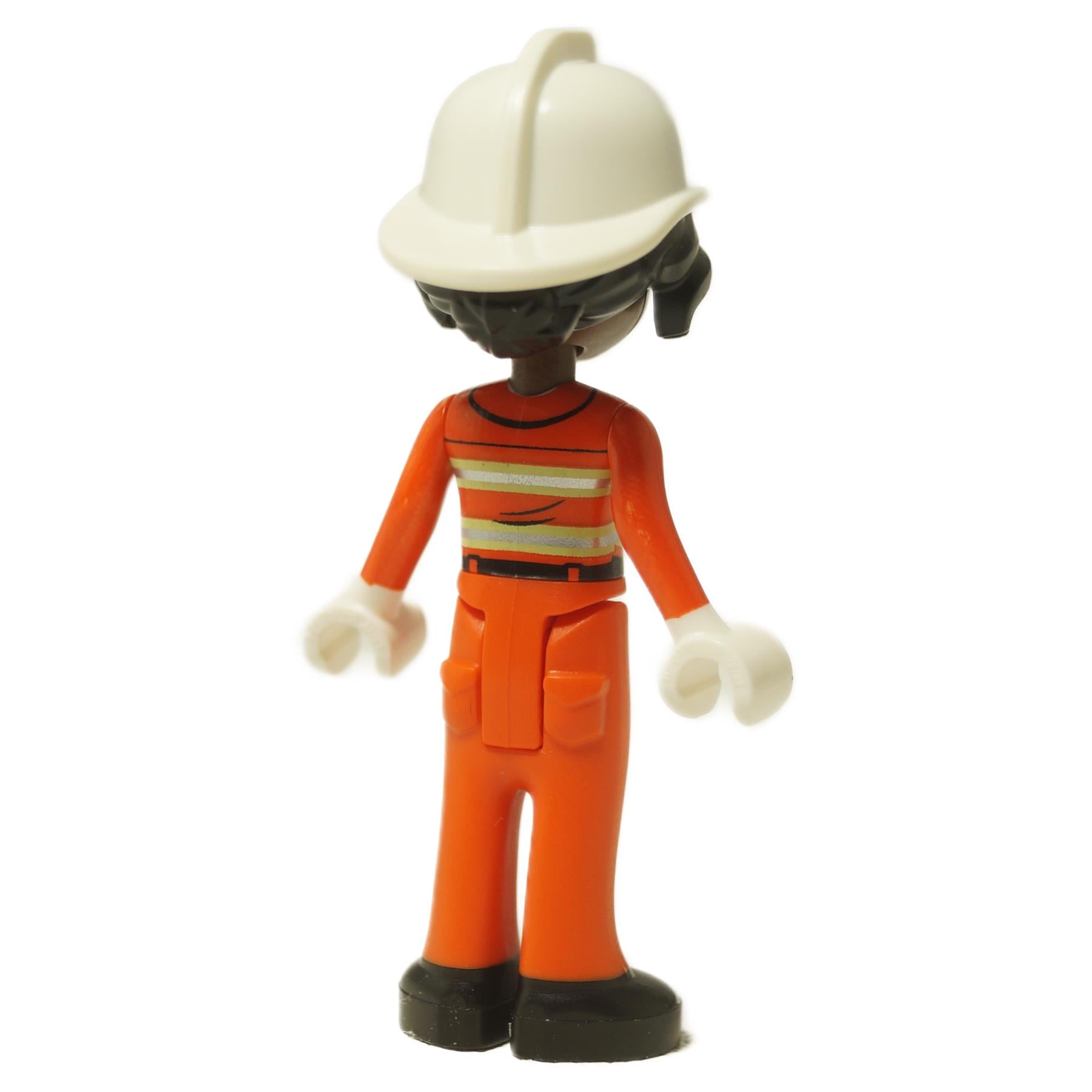 LEGO® Friends Fatimah hasičská mini-panenka (frnd0803) pohled zezadu s oranžovou uniformou a reflexním potiskem na trupu.