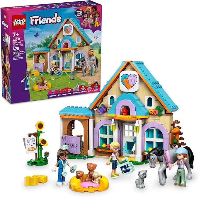 LEGO Friends Horse and Pet Vet Clinic 42651 animal care set with mini dolls and animals