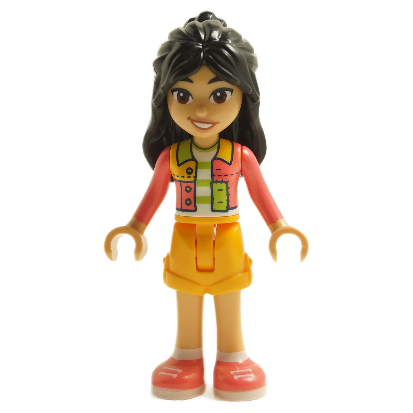 LEGO Friends minifigure Liann, wearing a coral jacket over a striped top, yellow skirt, and coral shoes with flowing dark hair.