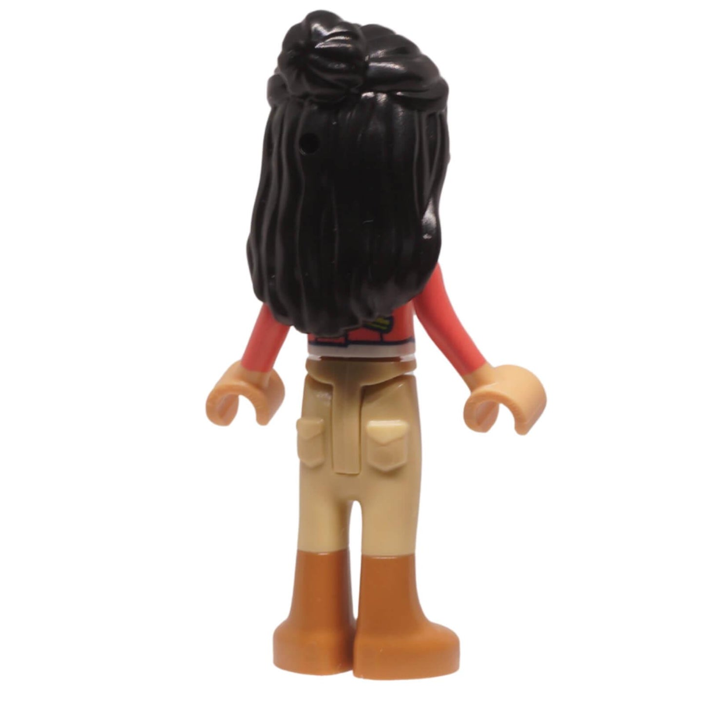 LEGO Friends Liann minifigure frnd0845 patchwork jacket tan trousers, back profile