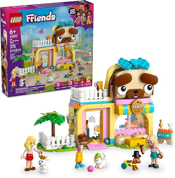 LEGO Friends Pet Accessories Shop 42650 animal store set with mini dolls and pets