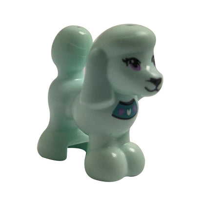 LEGO® Friends Poodle 11575pb05 in aqua with printed hearts collar and expressive eyes, from LEGO® Friends pet series.