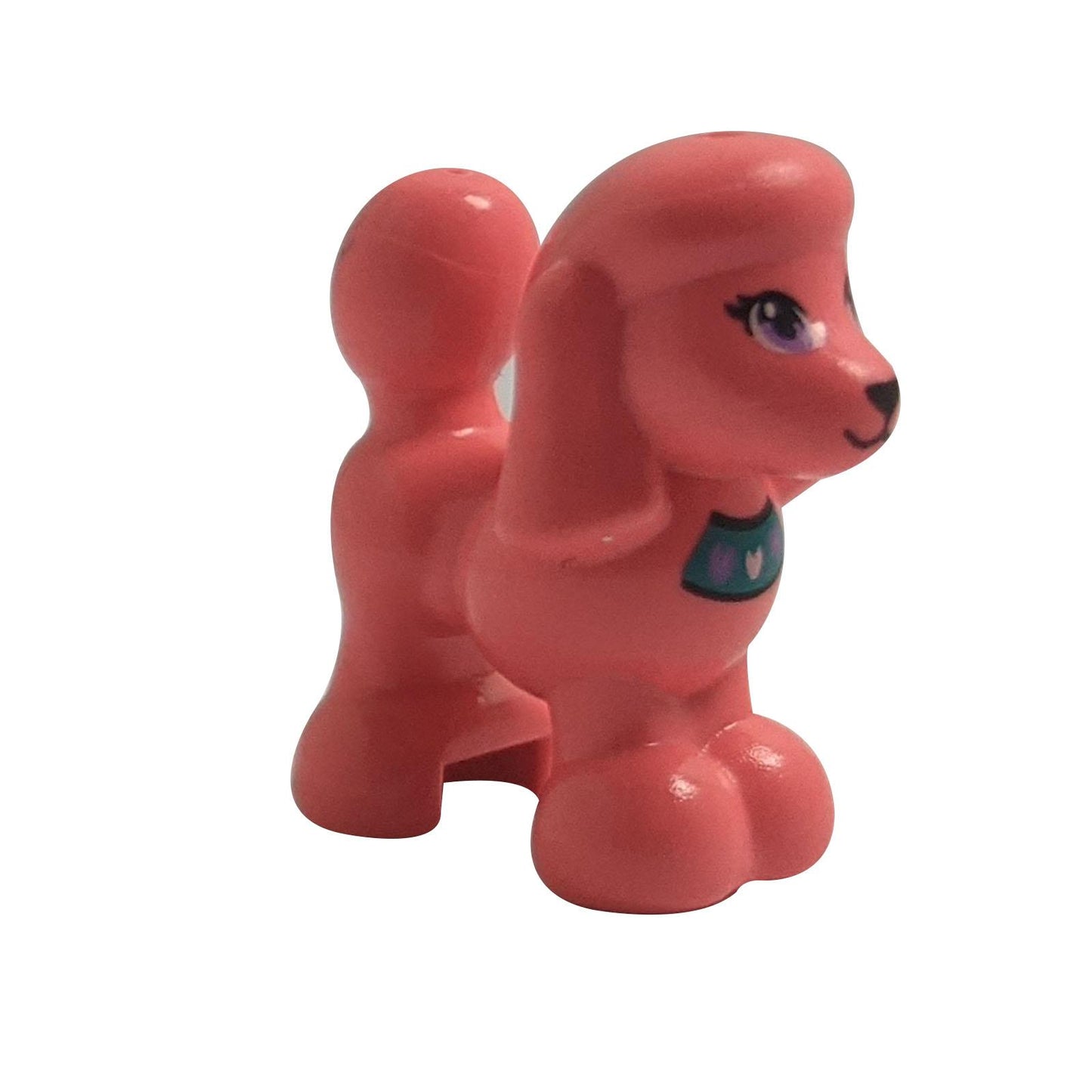 LEGO® Friends Poodle 11575pb05 in coral pink with printed hearts collar and purple eyes, collectible LEGO® pet figure.