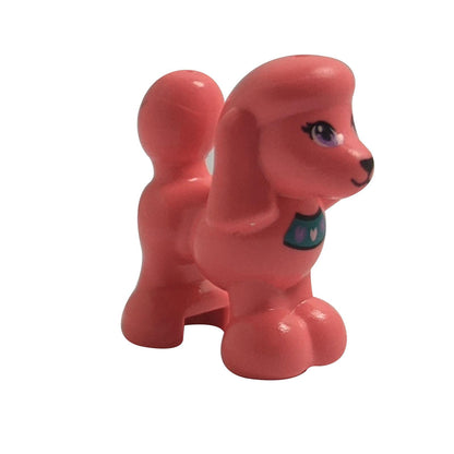 LEGO® Friends Poodle 11575pb05 in coral pink with printed hearts collar and purple eyes, collectible LEGO® pet figure.