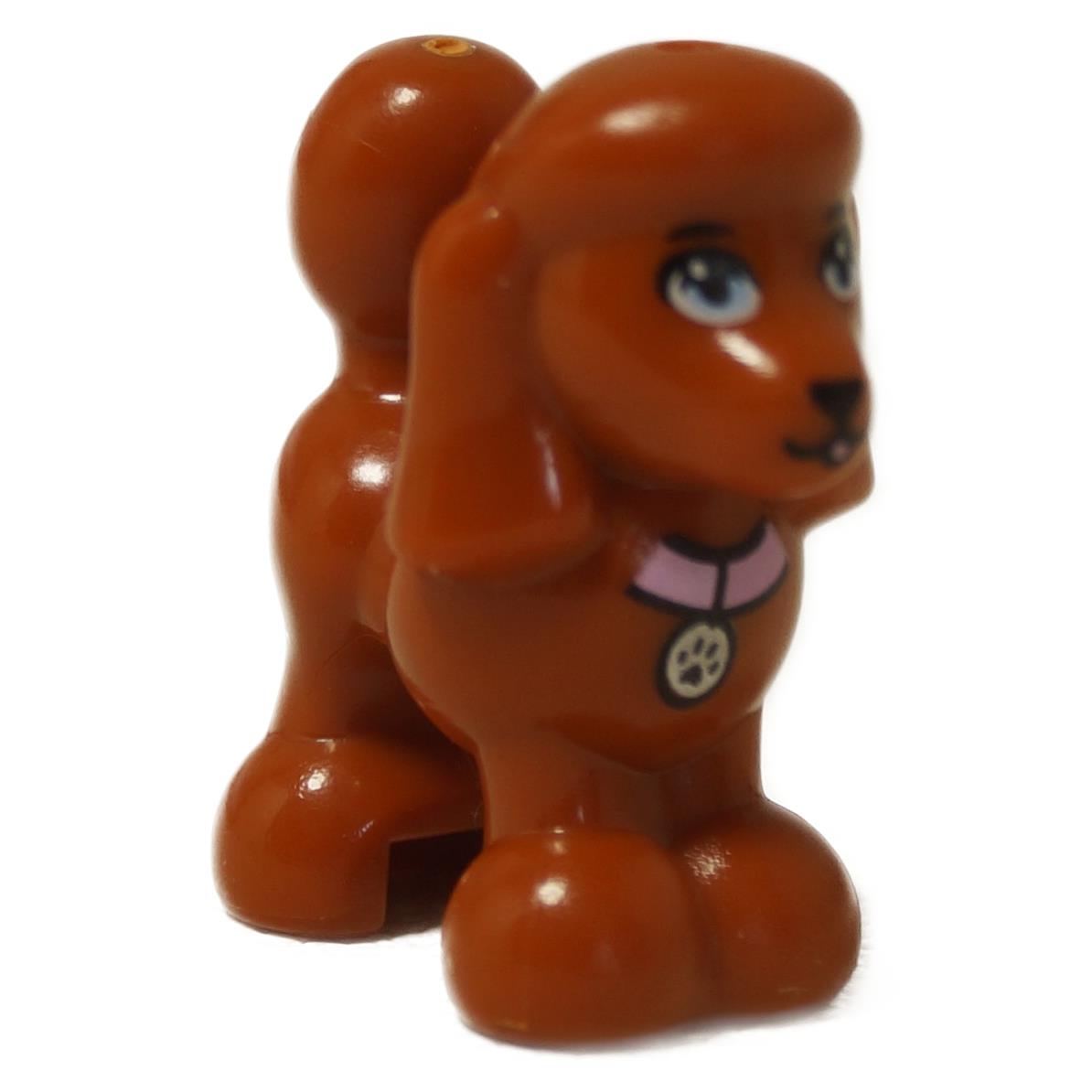 LEGO® Friends reddish-brown poodle figure, Harley (11575pb06), standing with a classic poodle haircut, blue eyes, and a pink collar with a paw-print tag.